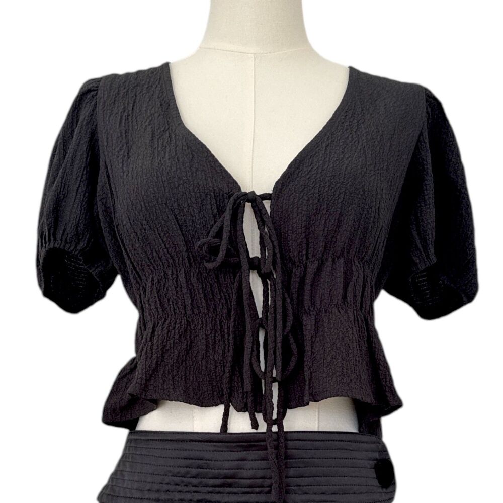 LULU'S String Bow Tie Puff Sleeve V‎ Neck Lightweight Crinkled Crepe Sz S Top